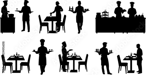 Silhouettes of chefs and waitresses in restaurant, serving food and drinks.
