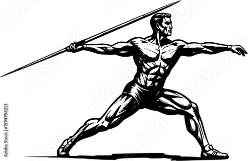 Powerful Javelin Thrower Black and White Illustration, javelin
