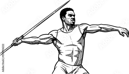Powerful Javelin Thrower Black and White Illustration, javelin