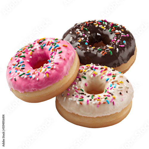 Set of three colourful mini donuts with sprinkles isolated on transparent background