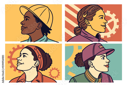 Four portraits of women in different professions looking upwards with various backgrounds and headwear