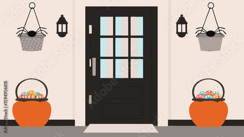 Halloween themed front door with spider planters and pumpkin candy buckets decoration scene decor