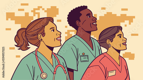 Three healthcare workers in scrubs looking upwards with a pixelated background design behind them