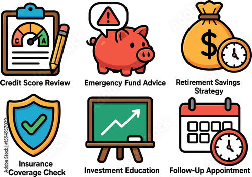 Financial planning icons: credit score, emergency fund, retirement, insurance, investment, appointment