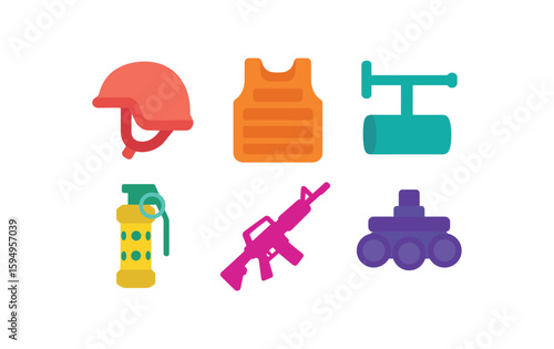 Military icons set with helmet, vest, weapon, tank, pylon, and grenade