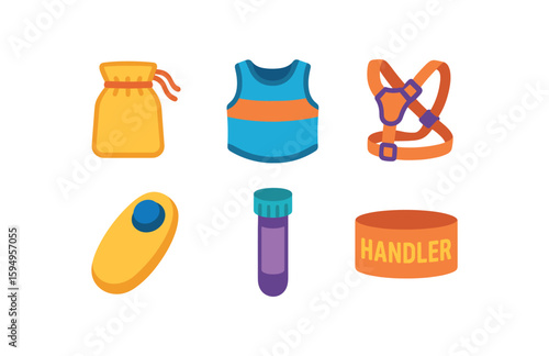 Dog training accessories: pouch, vest, harness, clicker, vial, band