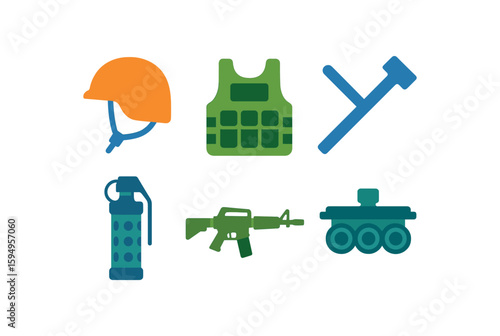 Military symbols: helmet, vest, grenade, rifle, tank, crutch