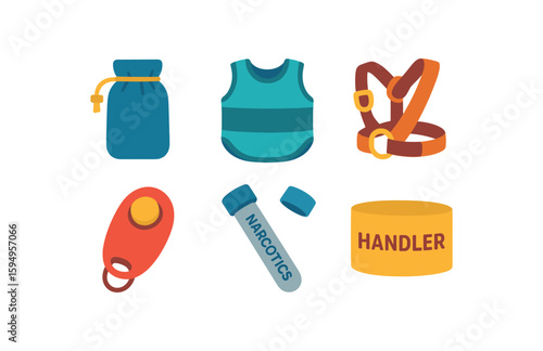 Dog training equipment icons: harness, vest, clicker, narcotics tube, treat pouch, handler band
