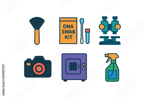 Forensic science icons: dna kit, microscope, camera, tools