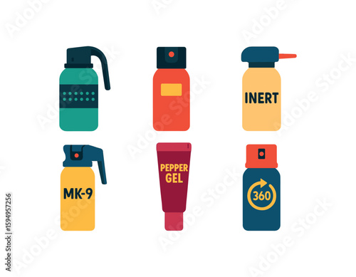 Various pepper spray types: mk-9, pepper gel, inert spray illustrations