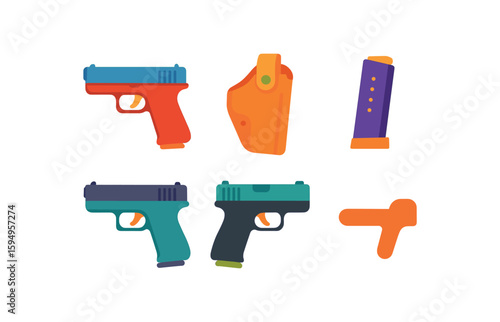 Colorful illustrations of handguns with holster and magazine on white background