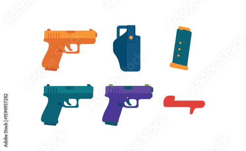 Colorful gun illustrations with holster and magazine on white background