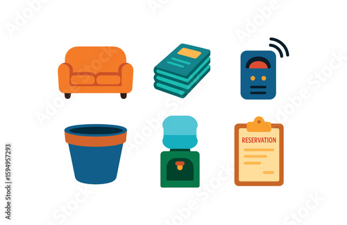 Colorful icons of sofa, books, intercom, plant pot, water cooler, reservation clipboard
