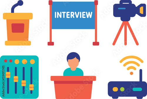 Media interview preparation tools with microphone, camera, and equipment