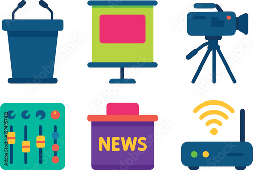 Colorful media icons set with microphone, camera, and news elements