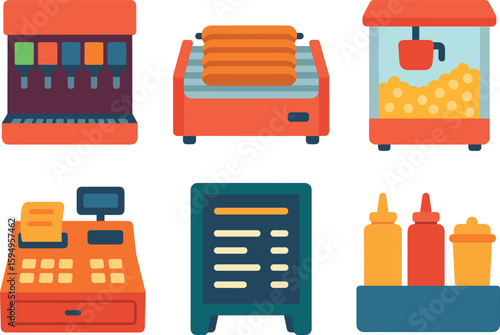 Colorful snack bar icons with soda machine, hot dogs, popcorn maker