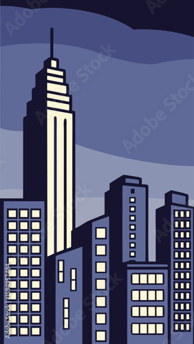 Minimal Vector Night Cityscape with Tall Buildings