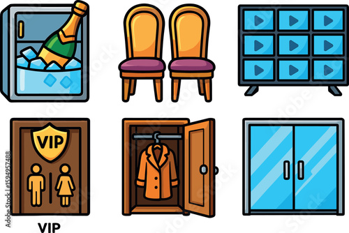 Luxury objects collection with champagne, vip sign, and dressing room