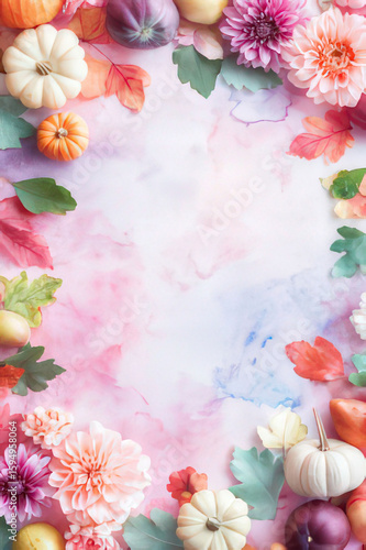 Vibrant Autumnal Floral Arrangement with Pumpkins and Fruits, space for text