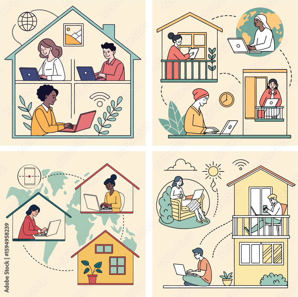 Obraz premium Virtual Meeting Remote Work Concept Vector Illustration