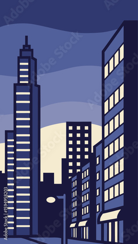 Minimal Vector Night Cityscape with Tall Buildings