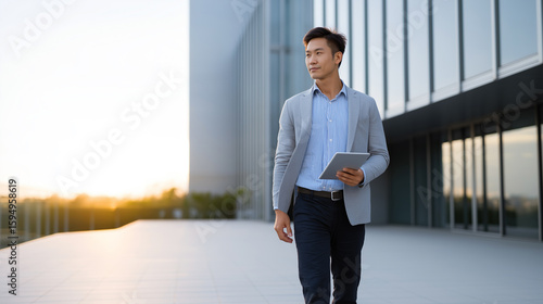 business man standing in front of building