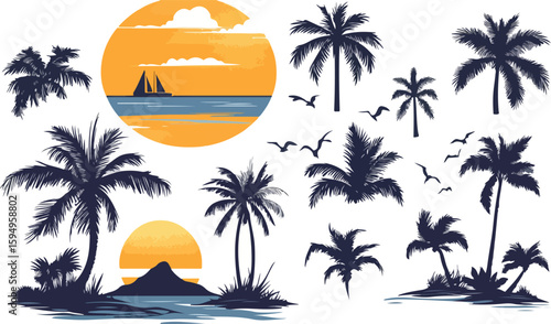 Tropical Paradise Silhouette Seamless Pattern with Palm Trees Sunset and Ocean