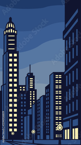 Minimal Vector Night Cityscape with Tall Buildings