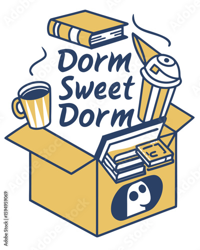 Funny College Dorm T-Shirt Design. A vector graphic with a moving box and student supplies for university apparel.