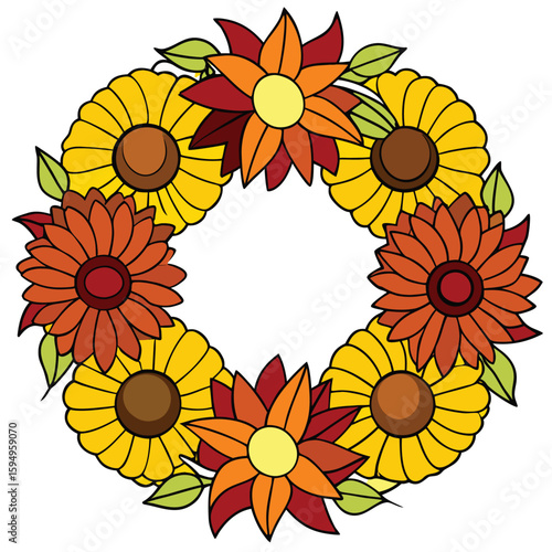 Seasonal Wreath Transition - Summer Flowers to Fall Harvest Vector