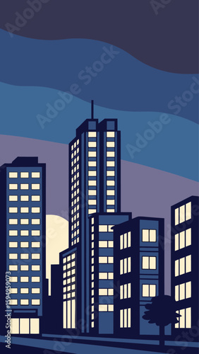 Minimal Vector Night Cityscape with Tall Buildings