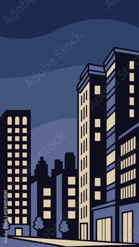 Minimal Vector Night Cityscape with Tall Buildings