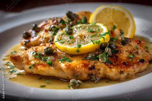 Delicious chicken piccata dish garnished with lemon and capers on white plate