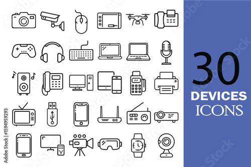 Devices Icons Set – Electronic Gadgets and Tech Device Line Vector Collection