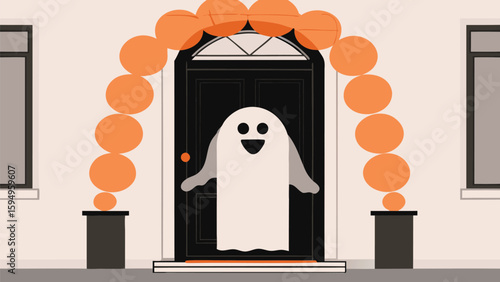 Ghost decoration hanging on a black door with orange balloons and windows on the side of the house