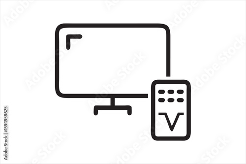 TV and Remote Icon on White Background – Line Art Vector

