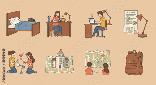 Daily routines, study, travel planning, and relaxation illustrated.