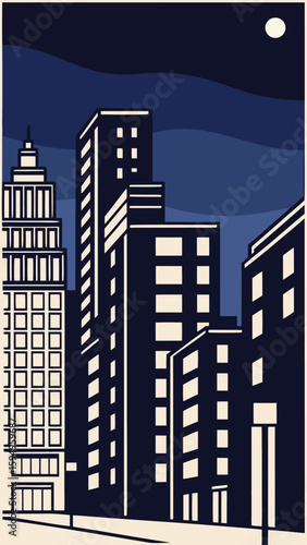Minimal Vector Night Cityscape with Tall Buildings