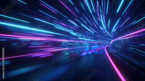 Vibrant photo of 3d render, abstract neon background, space tunnel turning to left, ultra violet rays, glowing lines, virtual reality jump, speed of light, space and time.