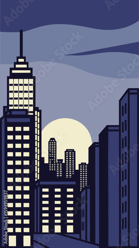 Minimal Vector Night Cityscape with Tall Buildings