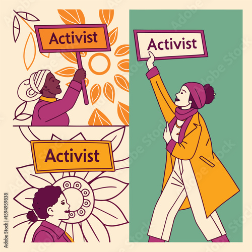 Illustration showing diverse women holding activist signs in a split panel design with floral elements