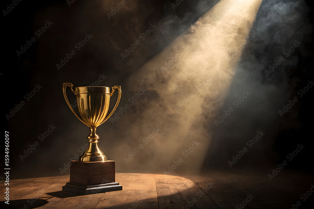 Golden trophy cup on a wooden base illuminated by a spotlight in a smoky atmosphere symbolizing victory achievement and success in a dramatic setting Golden trophy cup on a wooden base illuminated by a spotlight in a smoky atmosphere symbolizing victory achievement and success in a dramatic setting
