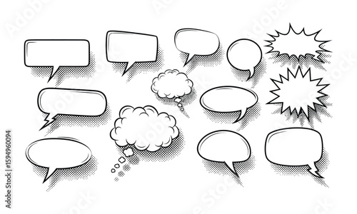 Variety of comic speech bubbles with halftone shadows 