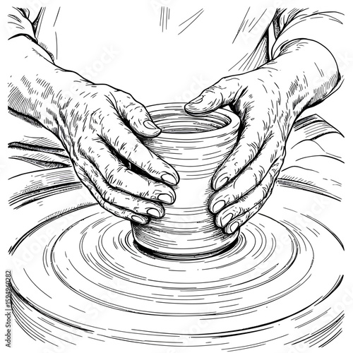 Black-and-White Vector Illustration of Hands Shaping Pottery on Wheel – 1-Item Craftsmanship Silhouette
