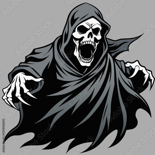 Grim Reaper Skull in Black Hooded Cloak Screaming Illustration