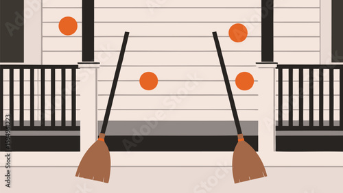 Two brooms leaning against a house with orange circles floating in the air near the porch area