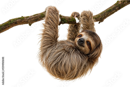 A relaxed sloth smiles gently while clinging to a mossy tree branch looking down with on transparent background