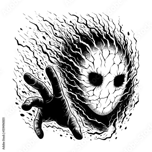 Eerie hand emerging from cracked mask face, dark monochrome art of fractured face, spooky broken linework sketch.
