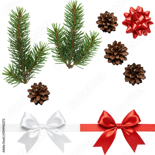 Vibrant green pine branches with distinct needles, textural brown pine cones, and glossy red & white satin ribbon bows, arranged neatly on a transparent background with copy space, top-down view,