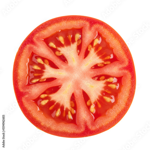 Wallpaper Mural Perfectly circular, vibrant red, glistening tomato slice, showing delicate internal structures and translucent seeds, on a pristine seamless plain white studio background with soft, diffuse, Torontodigital.ca